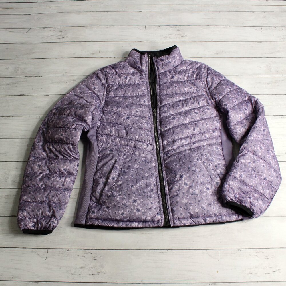 Special One Women's Puffer Jacket Size L Black Purple Floral Reversible
